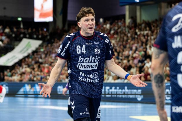 Opel HBL SG Flensburg Handewitt vs. Handball Club Hamburg, September 20, 2026—Lasse Kjaer Moller, No. 64, of SG Flensburg Handewitt gestures during the Opel HBL match between SG Flensburg Handewitt and Handball Club Hamburg at the GGW Arena on September 20, 2026 Copyright: xBEAUTIFULxSPORTS MarioxM.xKobergx