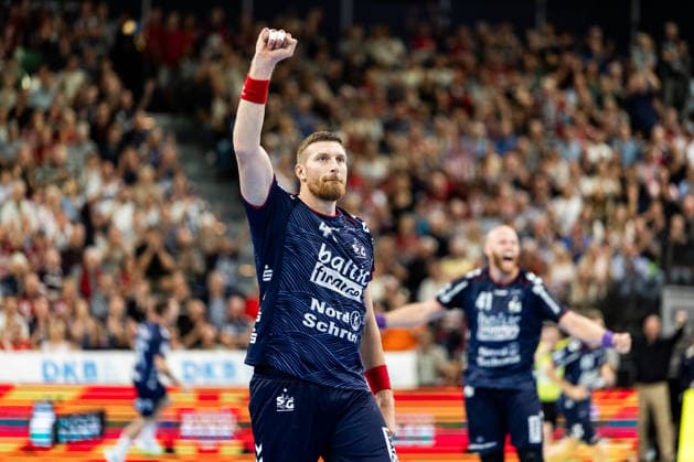 Opel HBL SG Flensburg Handewitt vs. Handball Club Hamburg, September 20, 2026—Blaz Blagotinsek (No. 43) celebrates a goal, SG Flensburg Handewitt Opel HBL SG Flensburg Handewitt vs. Handball Club Hamburg, GGW Arena on September 20, 2026 Copyright: xBEAUTIFULxSPORTS MarioxM.xKobergx
