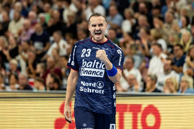 Opel HBL SG Flensburg Handewitt vs. Handball Club Hamburg, September 20, 2026—Celebration: Kent Robin Tonnesen, No. 23, of SG Flensburg Handewitt, Opel HBL SG Flensburg Handewitt vs. Handball Club Hamburg, GGW Arena, September 20, 2026 Copyright: xBEAUTIFULxSPORTS MarioxM.xKobergx