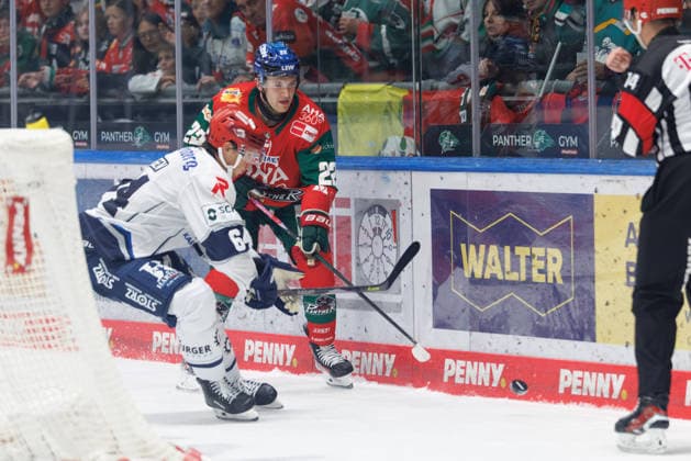 Noel Hoefenmayer 22, Augsburger Panther, and Boaz Bassen 64, Schwenninger Wild Wings, during the game between the Augsburger Panther and the Schwenninger Wild Wings, ice hockey, men s, DEL, 2026–2027, Matchday 2 on September 20, 2026, in Augsburg, Curt Frenzel Stadium, Bavaria, Germany