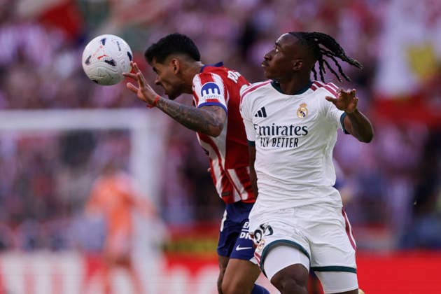 Yan Diomande of Real Madrid CF and Cristian Romero of Atlético de Madrid battle for the ball during the LaLiga EA Sports match between Club Atlético de Madrid and Real Madrid CF at Riyadh Air Metropolitano on September 20, 2026, in Madrid, Spain. Photo by Manu Reino, DeFodi Images