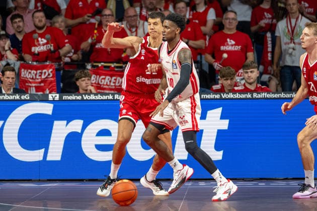 Vladimir Lucic 11 FC Bayern Basketball, Mylik Wilson 10 BMA365 Bamberg Baskets, FC Bayern Basketball BMA365 Bamberg Baskets, BBL, Matchday 1, September 20, 2026, Munich, Bavaria, Germany Copyright: xkolbert-press UlrichxGamelx