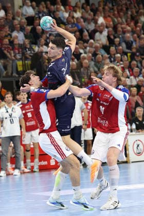 September 5, 2026, xBHAx, Handball, Opel HBL, 2026–2027 season, 1st HBL, SG Flensburg-Handewitt vs. Handball Club Hamburg, GGW Arena, Aymeric Minne, SG Flensburg-Handewitt 44 on offense, Schleswig-Holstein, Germany