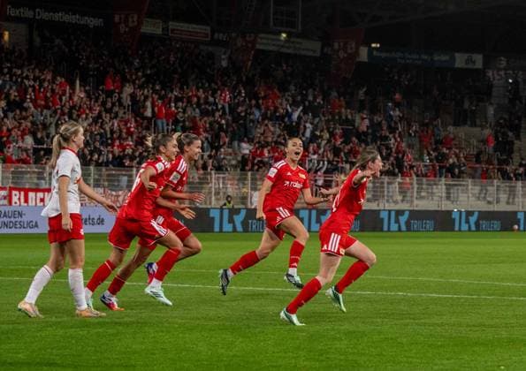 Soccer, Women, 2026–2027 Season, Google Pixel Women s Bundesliga, Matchday 5, 1. FC Union Berlin vs. RB Leipzig, from right: Eileen Campbell (Women s 1st Team, 1. FC Union), Lia Kamber (Women s 1st Team, 1. FC Union), Nele Bauereisen, Women’s 1st Team, 1. FC Union; Amber Tysiak, Women’s 1st Team, 1. FC Union; celebration after the goal that made it 3–2, September 20, 2026, Copyright: xMatthiasxKochx