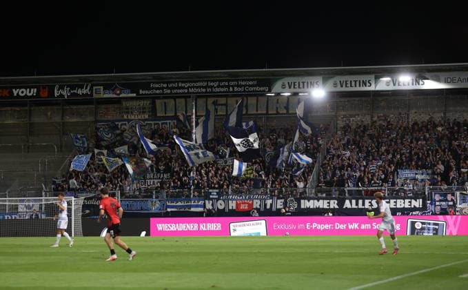 September 20, 2026, Soccer 3rd Division, SV Wehen Wiesbaden vs. MSV Duisburg, from left, fans, atmosphere, scarves, jerseys, emotions. DFL and DFB regulations prohibit any use of photographs as image sequences and or quasi-video. xdcx Copyright: HMBxMedia Claus