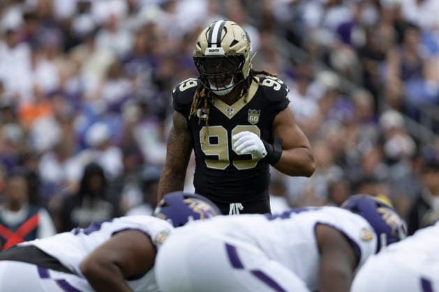 BALTIMORE, MD - SEPTEMBER 20: New Orleans Saints defensive end Chase Young (99) screens the field before a snap during a NFL, American Football Herren, USA football game between New Orleans Saints and Baltimore Ravens September 20, 2026 at M&T Bank Stadium in Baltimore, MD (Photo by Charles Brock Icon Sportswire) NFL: SEP 20 Saints at Ravens EDITORIAL USE ONLY Icon260920002