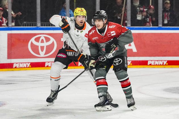 Ice Hockey: Penny DEL, Matchday 2—Cologne Sharks vs. Frankfurt Lions on September 20, 2026, at the Lanxess Arena in Cologne. Björn Krupp (Frankfurt), on the left, Daniel Fischbuch (Cologne); on the right, In accordance with the guidelines of the DEL (German Ice Hockey League), the publication and further use of the footage in electronic media and on devices of any kind during the game is not permitted xDMx