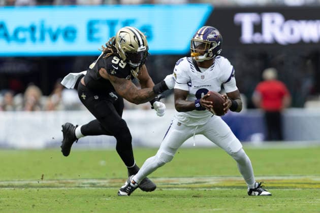 BALTIMORE, MD - SEPTEMBER 20: New Orleans Saints defensive end Chase Young (99) holds onto Baltimore Ravens quarterback Lamar Jackson (8) for a sack during a NFL, American Football Herren, USA football game between New Orleans Saints and Baltimore Ravens September 20, 2026 at M&T Bank Stadium in Baltimore, MD (Photo by Charles Brock Icon Sportswire) NFL: SEP 20 Saints at Ravens EDITORIAL USE ONLY Icon260920010