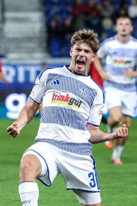 Sports, Soccer, 3rd Division, 2026–2027 Season, Matchday 7: SV Wehen Wiesbaden vs. MSV Duisburg, September 20, 2026, BRITA Arena: MSV Duisburg celebrates after Frederik Christensen scores to make it 3–0; the goal scorer rejoices at the BRITA Arena in Wiesbaden, Hesse, Germany