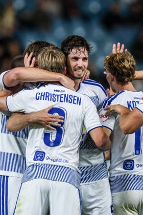 Sports, Soccer, 3rd Division, 2026–2027 Season, Matchday 7: SV Wehen Wiesbaden vs. MSV Duisburg, September 20, 2026, BRITA Arena: MSV Duisburg celebrates after Frederik Christensen scores to make it 3–0; the players are celebrating in Wiesbaden at the BRITA Arena, Hesse, Germany