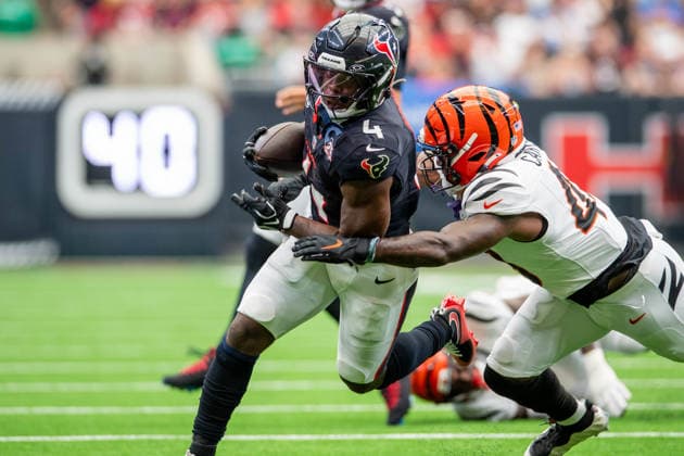 September 20, 2026: Houston Texans running back Woody Marks (4) runs after making a catch during a game between the Cincinnati Bengals and the Houston Texans in Houston, TX. .. CSM NFL, American Football Herren, USA 2026: Bengals Vs Texans SEP 20  - ZUMAc04_ 20260920_zma_c04_045 Copyright: xTraskxSmithx