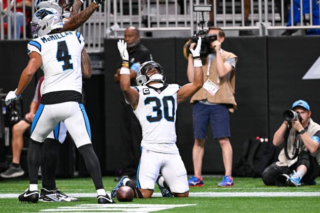 ATLANTA, GA - SEPTEMBER 20: Carolina running back Chuba Hubbard (30) celebrates a first quarter touchdown during the NFL, American Football Herren, USA game between the Carolina Panthers and the Atlanta Falcons on September 20th, 2026 at Mercedes-Benz Stadium in Atlanta, GA. (Photo by Rich von Biberstein Icon Sportswire) NFL: SEP 20 Panthers at Falcons EDITORIAL USE ONLY Icon260920005