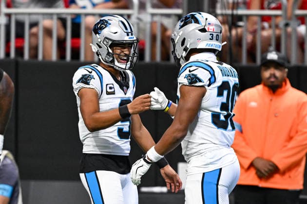 ATLANTA, GA - SEPTEMBER 20: Carolina quarterback Bryce Young (9) and running back Chuba Hubbard (30) celebrate a first quarter touchdown during the NFL, American Football Herren, USA game between the Carolina Panthers and the Atlanta Falcons on September 20th, 2026 at Mercedes-Benz Stadium in Atlanta, GA. (Photo by Rich von Biberstein Icon Sportswire) NFL: SEP 20 Panthers at Falcons EDITORIAL USE ONLY Icon260920006