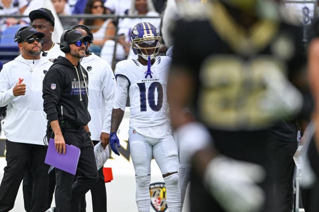 Baltimore Ravens head coach Jesse Minter works the sideline against the New Orleans Saints during the first quarter of the Ravens home opener game at M&T Bank Stadium in Baltimore, Maryland, on Sunday, September 20, 2026. BAL20260920105 DAVIDxTULIS