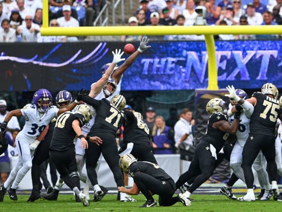 New Orleans Saints kicker Daniel Carson (10) kicks a 23 yard field goal against the Baltimore Ravens during the second quarter of the Ravens home opener game at M&T Bank Stadium in Baltimore, Maryland, on Sunday, September 20, 2026.  BAL20260920114 DAVIDxTULIS