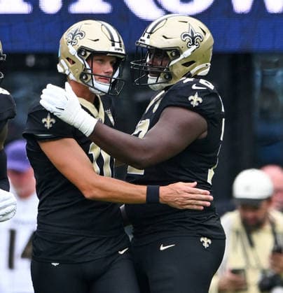 New Orleans Saints kicker Daniel Carson (10) reacts after kicking a 23 yard field goal against the Baltimore Ravens during the second quarter of the Ravens home opener game at M&T Bank Stadium in Baltimore, Maryland, on Sunday, September 20, 2026.  BAL20260920115 DAVIDxTULIS