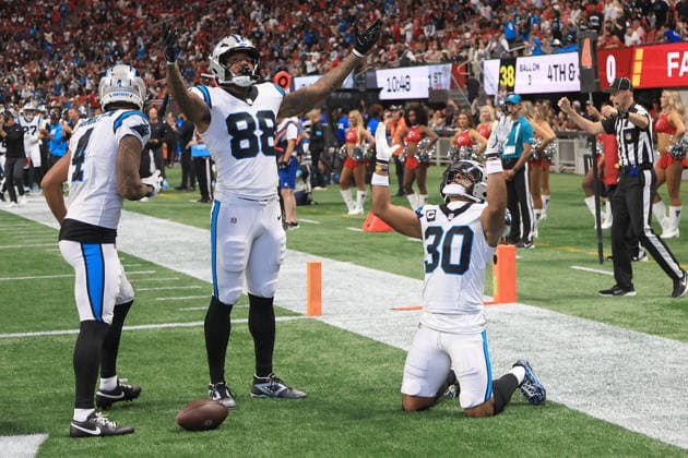 ATLANTA, GA - SEPTEMBER 20: The Carolina Panthers celebrate the touchdown by Chuba Hubbard (30) of the Carolina Panthers during the Sunday afternoon NFL, American Football Herren, USA game between the Atlanta Falcons and the Carolina Panthers on September 20, 2026 at the Mercedes-Benz Stadium in Atlanta, Georgia. (Photo by David J. Griffin Icon Sportswire) NFL: SEP 20 Panthers at Falcons EDITORIAL USE ONLY Icon9532609200322