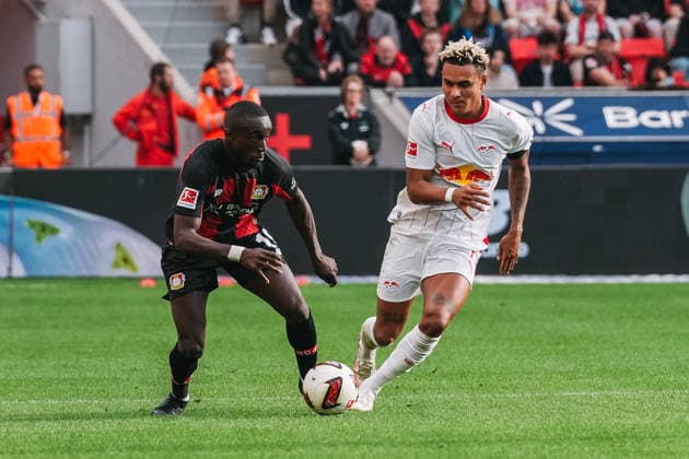 September 20, 2026, xjmrgnx, Soccer, Bundesliga 1, Bayer 04 Leverkusen vs. RB Leipzig: A tackle between Moussa Diaby (19), Leverkusen, and Antonio Nusa (7), Leipzig. DFL and DFB regulations prohibit any use of photographs as image sequences and or quasi-video. Leverkusen