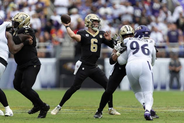 BALTIMORE, MD - SEPTEMBER 20: New Orleans Saints quarterback Tyler Shough (6) throws a pass from the pocket during a NFL, American Football Herren, USA football game between New Orleans Saints and Baltimore Ravens September 20, 2026 at M&T Bank Stadium in Baltimore, MD (Photo by Charles Brock Icon Sportswire) NFL: SEP 20 Saints at Ravens EDITORIAL USE ONLY Icon260920019