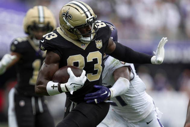 BALTIMORE, MD - SEPTEMBER 20: New Orleans Saints tight end Juwan Johnson (83) fights for extra yards during a NFL, American Football Herren, USA football game between New Orleans Saints and Baltimore Ravens September 20, 2026 at M&T Bank Stadium in Baltimore, MD (Photo by Charles Brock Icon Sportswire) NFL: SEP 20 Saints at Ravens EDITORIAL USE ONLY Icon260920023