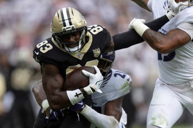 BALTIMORE, MD - SEPTEMBER 20: New Orleans Saints tight end Juwan Johnson (83) fights for extra yards during a NFL, American Football Herren, USA football game between New Orleans Saints and Baltimore Ravens September 20, 2026 at M&T Bank Stadium in Baltimore, MD (Photo by Charles Brock Icon Sportswire) NFL: SEP 20 Saints at Ravens EDITORIAL USE ONLY Icon260920024