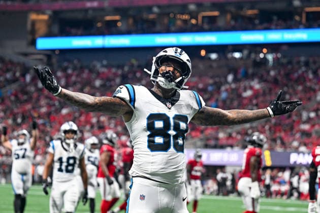 ATLANTA, GA - SEPTEMBER 20: Carolina tight end Darren Waller (88) reacts after catching a touchdown pass during the NFL, American Football Herren, USA game between the Carolina Panthers and the Atlanta Falcons on September 20th, 2026 at Mercedes-Benz Stadium in Atlanta, GA. (Photo by Rich von Biberstein Icon Sportswire) NFL: SEP 20 Panthers at Falcons EDITORIAL USE ONLY Icon260920023