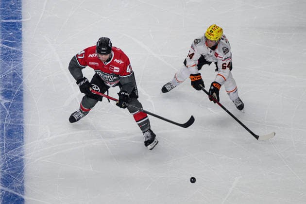 COLOGNE, GERMANY - 20 SEPTEMBER, 2026: Veli-Matti Vittasmaeki, Markus Schweiger - The PENNY DEL Ice hockey, Eishockey match Koelner Haie vs. Loewen Frankfurt at LANXESS arena.  Copyright: xVitaliixKliuievx