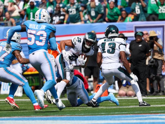 Sep 20, 2026; Nashville, TN, USA; Philadelphia Eagles running back Will Shipley (28) is tackled by Tennessee Titans cornerback Marcus Harris (26) during the NFL, American Football Herren, USA regular season game between the Philadelphia Eagles and Tennessee Titans at Nissan Stadium. Mandatory Credit: -Cal Media NFL 2026: Eagles Vs Titans SEP 20  - ZUMAc04_ 20260920_zma_c04_070 Copyright: xStephenxFurstx