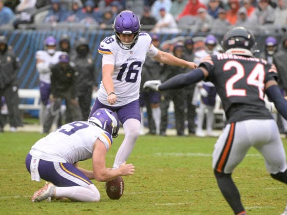Minnesota Vikings place kicker Will Reichard (16) kicks a fourth quarter field goal against the Chicago Bears at Soldier Field in Chicago on Sunday, September 20, 2026. Vikings defeated the Bear 9-6.  CHI20260920129 MARKxBLACK