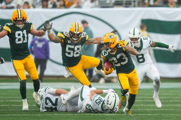 Sep 20, 2026; East Rutherford, NJ, USA; Green Bay Packers wide receiver Skyy Moore (23) returns the punts he gets past New York Jets tight end Mason Taylor (85) during an NFL, American Football Herren, USA game at MetLife Stadium. Mandatory Credit: -Cal Media East Rutherford USA - ZUMAc04_ 20260920_zma_c04_094 Copyright: xChrisxSzagolax