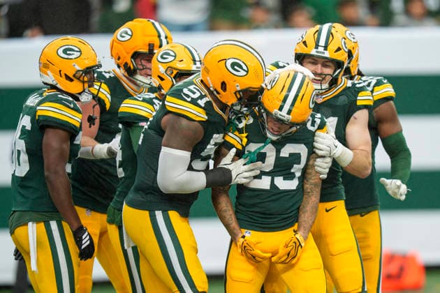 Sep 20, 2026; East Rutherford, NJ, USA; Green Bay Packers wide receiver Skyy Moore (23) celebrates his long punt return with teammates during an NFL, American Football Herren, USA game against the New York Jets at MetLife Stadium. Mandatory Credit: -Cal Media East Rutherford USA - ZUMAc04_ 20260920_zma_c04_098 Copyright: xChrisxSzagolax