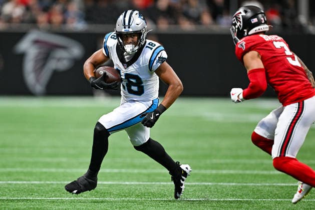 ATLANTA, GA - SEPTEMBER 20: Carolina wide receiver Jalen Coker (18) runs with the ball after a reception during the NFL, American Football Herren, USA game between the Carolina Panthers and the Atlanta Falcons on September 20th, 2026 at Mercedes-Benz Stadium in Atlanta, GA. (Photo by Rich von Biberstein Icon Sportswire) NFL: SEP 20 Panthers at Falcons EDITORIAL USE ONLY Icon260920027