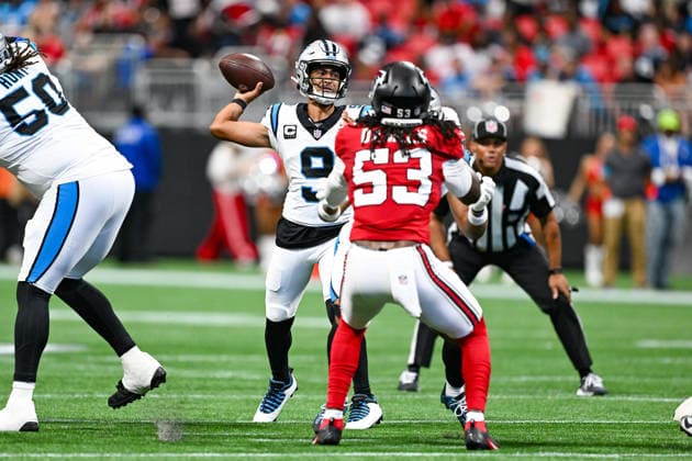 ATLANTA, GA - SEPTEMBER 20: Carolina quarterback Bryce Young (9) throws a pass during the NFL, American Football Herren, USA game between the Carolina Panthers and the Atlanta Falcons on September 20th, 2026 at Mercedes-Benz Stadium in Atlanta, GA. (Photo by Rich von Biberstein Icon Sportswire) NFL: SEP 20 Panthers at Falcons EDITORIAL USE ONLY Icon260920028