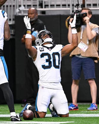 ATLANTA, GA - SEPTEMBER 20: Carolina running back Chuba Hubbard (30) celebrates scoring a touchdown during the NFL, American Football Herren, USA game between the Carolina Panthers and the Atlanta Falcons on September 20th, 2026 at Mercedes-Benz Stadium in Atlanta, GA. (Photo by Rich von Biberstein Icon Sportswire) NFL: SEP 20 Panthers at Falcons EDITORIAL USE ONLY Icon260920030