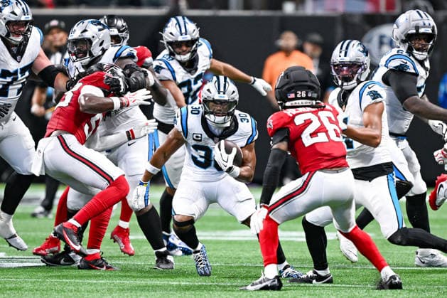 ATLANTA, GA - SEPTEMBER 20: Carolina running back Chuba Hubbard (30) runs the ball during the NFL, American Football Herren, USA game between the Carolina Panthers and the Atlanta Falcons on September 20th, 2026 at Mercedes-Benz Stadium in Atlanta, GA. (Photo by Rich von Biberstein Icon Sportswire) NFL: SEP 20 Panthers at Falcons EDITORIAL USE ONLY Icon260920048