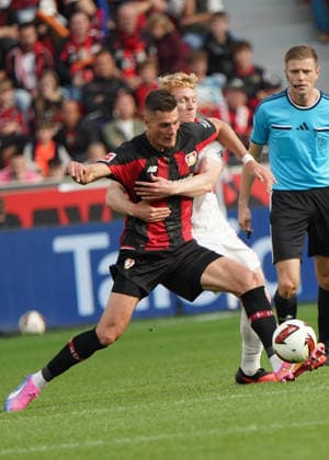 Leverkusen Soccer, 1. Bundesliga Season 2026–2027: Bayer 04 Leverkusen vs. RB Leipzig, September 20, 2026, BayArena, Leverkusen; Patrik Schick, Bayer 04 Leverkusen, Czech Republic, CZE; Nicolas Sewald, RB Leipzig,