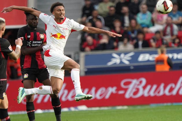 Leverkusen Soccer, Bundesliga Season 2026–2027: Bayer 04 Leverkusen vs. RB Leipzig, September 20, 2026, BayArena, Leverkusen; Tidiam Diadie, Stephan Gomis, RB Leipzig; Action; Still Image
