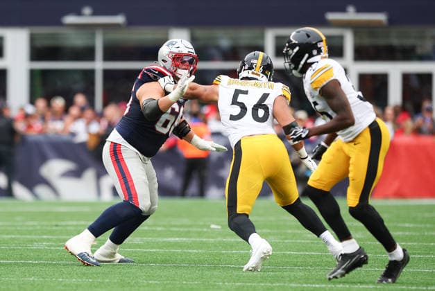 Sep 20, 2026; Foxborough, MA, USA; New England Patriots offensive tackle Will Campbell (66) and Pittsburgh Steelers linebacker Alex Highsmith (56) in action during the NFL, American Football Herren, USA game between Pittsburgh Steelers and New England Patriots at Gillette Stadium. Mandatory Credit: M. Anthony Nesmith-Cal Media NFL 2026: Steelers Vs Patriots SEP 20  - ZUMAc04_ 20260920_zma_c04_179 Copyright: xMingoxNesmithx