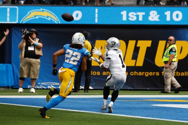 INGLEWOOD, CA - SEPTEMBER 20: Las Vegas Raiders wide receiver Tre Tucker (1) makes a catch for a touchdown during the NFL, American Football Herren, USA game between the Las Vegas Raiders and the Los Angeles Chargers on September 20, 2026, at SoFi Stadium in Inglewood, CA. (Photo by Jevone Moore Icon Sportswire) NFL: SEP 20 Raiders at Chargers EDITORIAL USE ONLY Icon260920851