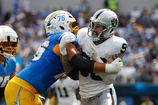 INGLEWOOD, CA - SEPTEMBER 20: Los Angeles Chargers offensive tackle Joe Alt (76) holds off Las Vegas Raiders defensive end Maxx Crosby (98) during the NFL, American Football Herren, USA game between the Las Vegas Raiders and the Los Angeles Chargers on September 20, 2026, at SoFi Stadium in Inglewood, CA. (Photo by Jevone Moore Icon Sportswire) NFL: SEP 20 Raiders at Chargers EDITORIAL USE ONLY Icon260920863