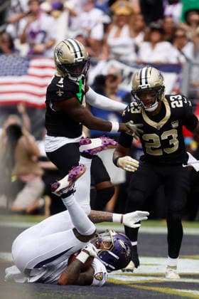 Baltimore Ravens wide receiver Rashod Bateman (7) comes down with a touchdown catch during an NFL, American Football Herren, USA game against the New Orleans Saints. Sep 20, 2026; Baltimore, MD, USA; at M&T Bank Stadium. New Orleans won 24-17. Mandatory Credit: -Cal Media Baltimore USA - ZUMAc04_ 20260920_zma_c04_207 Copyright: xMikexBuscherx