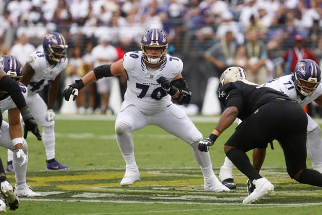 Baltimore Ravens offensive tackle Roger Rosengarten (70) during an NFL, American Football Herren, USA game against the New Orleans Saints. Sep 20, 2026; Baltimore, MD, USA; at M&T Bank Stadium. New Orleans won 24-17. Mandatory Credit: -Cal Media NFL 2026: Saints Vs Ravens SEP 20  - ZUMAc04_ 20260920_zma_c04_212 Copyright: xMikexBuscherx