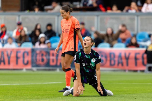 SAN JOSE, CA - SEPTEMBER 20: Kayla Fischer 9 of Racing Louisville FC reacts to an offside call during a NWSL match against Bay FC on September 20, 2026 at PayPal Park in San Jose, CA. (Photo by Matthew Huang Icon Sportswire) SOCCER: SEP 20 NWSL Bay FC vs Racing Louisville EDITORIAL USE ONLY Icon260920002