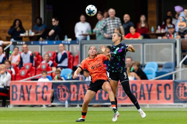SAN JOSE, CA - SEPTEMBER 20: Aldana Cometti 21 of Bay FC and Kayla Fischer 9 of Racing Louisville FC battle for the ball during a NWSL match on September 20, 2026 at PayPal Park in San Jose, CA. (Photo by Matthew Huang Icon Sportswire) SOCCER: SEP 20 NWSL Bay FC vs Racing Louisville EDITORIAL USE ONLY Icon260920005