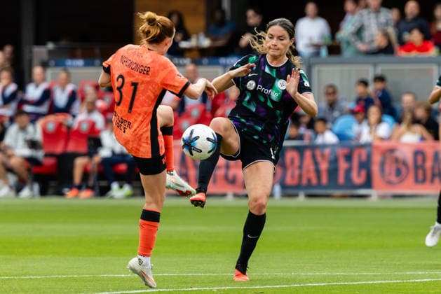 SAN JOSE, CA - SEPTEMBER 20: Jenna Nighswonger 31 of Bay FC and Emma Sears 13 of Racing Louisville FC go for the ball during a NWSL match on September 20, 2026 at PayPal Park in San Jose, CA. (Photo by Matthew Huang Icon Sportswire) SOCCER: SEP 20 NWSL Bay FC vs Racing Louisville EDITORIAL USE ONLY Icon260920006