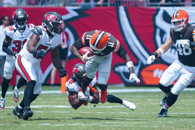 Cleveland Browns at Tampa Bay Buccaneers, Tampa Bay, Florida, USA Tampa Bay, Florida, USA, Septemer 20, Cleveland Browns player Malachi Corley 11 gets tackled at Raymond James Stadium. Copyright: xMartyxJean-Louisx