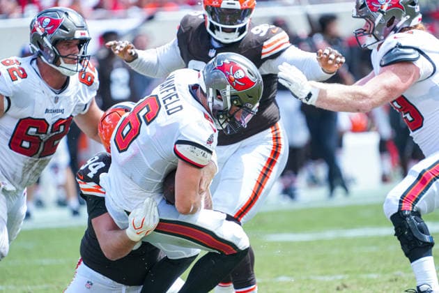 Cleveland Browns at Tampa Bay Buccaneers, Tampa Bay, Florida, USA Tampa Bay, Florida, USA, Septemer 20, Tampa Bay Buccaneers quarterback Baker Mayfield 6 gets tackled at Raymond James Stadium. Copyright: xMartyxJean-Louisx