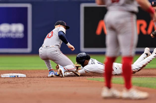 September 20, 2026, St. Petersburg, Florida, USA: Tampa Bay Rays left fielder Chandler Simpson (14) safely steals second base before Boston Red Sox shortstop Trevor Story (10) can tag him during an MLB, Baseball Herren, USA game on September 20, 2026 at Tropicana Field. The Rays beat the Red Sox 5-1. MLB 2026: Tampa Bay Rays 5 : 1 Boston Red Sox  - ZUMAh180 20260920_zsp_h180_034 Copyright: xKimxHukarix