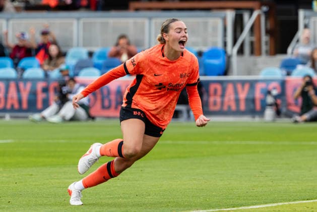 SAN JOSE, CA - SEPTEMBER 20: Alex Pfeiffer 17 of Bay FC celebrates a goal in the second half of a NWSL match against Racing Louisville FC on September 20, 2026 at PayPal Park in San Jose, CA. (Photo by Matthew Huang Icon Sportswire) SOCCER: SEP 20 NWSL Bay FC vs Racing Louisville EDITORIAL USE ONLY Icon260920009