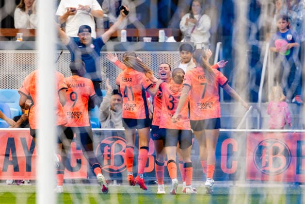 SAN JOSE, CA - SEPTEMBER 20: Alex Pfeiffer 17 of Bay FC celebrates a goal with teammates in the second half of a NWSL match against Racing Louisville FC on September 20, 2026 at PayPal Park in San Jose, CA. (Photo by Matthew Huang Icon Sportswire) SOCCER: SEP 20 NWSL Bay FC vs Racing Louisville EDITORIAL USE ONLY Icon260920010